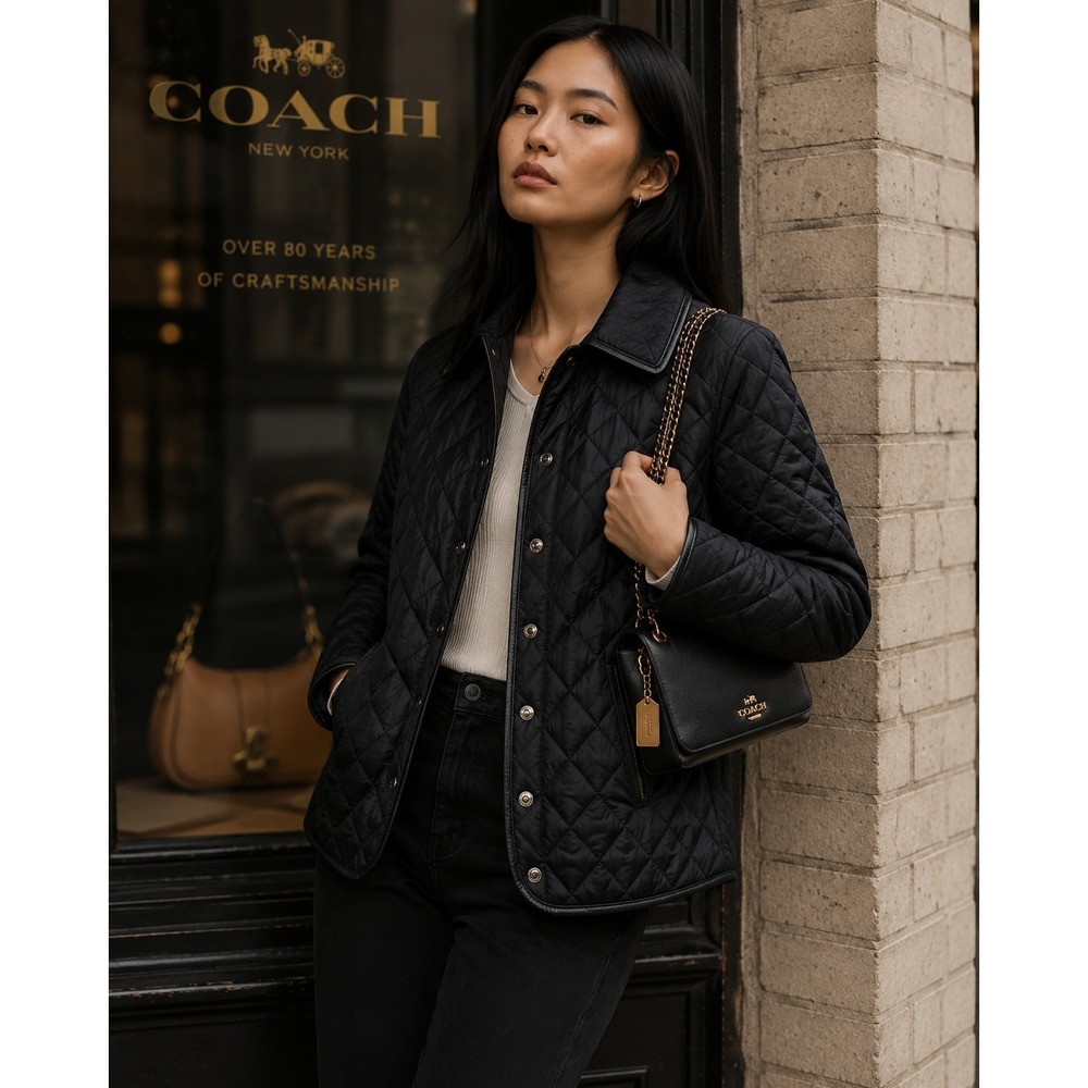 Coach Quilted Black Leather Trimmed Puffer Jacket Women's XS